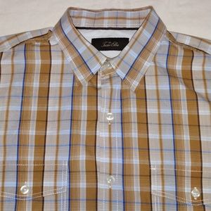 Tasso Elba Men's Large Button Up Short Sleeve Shirt Plaid Tan Brown Blues